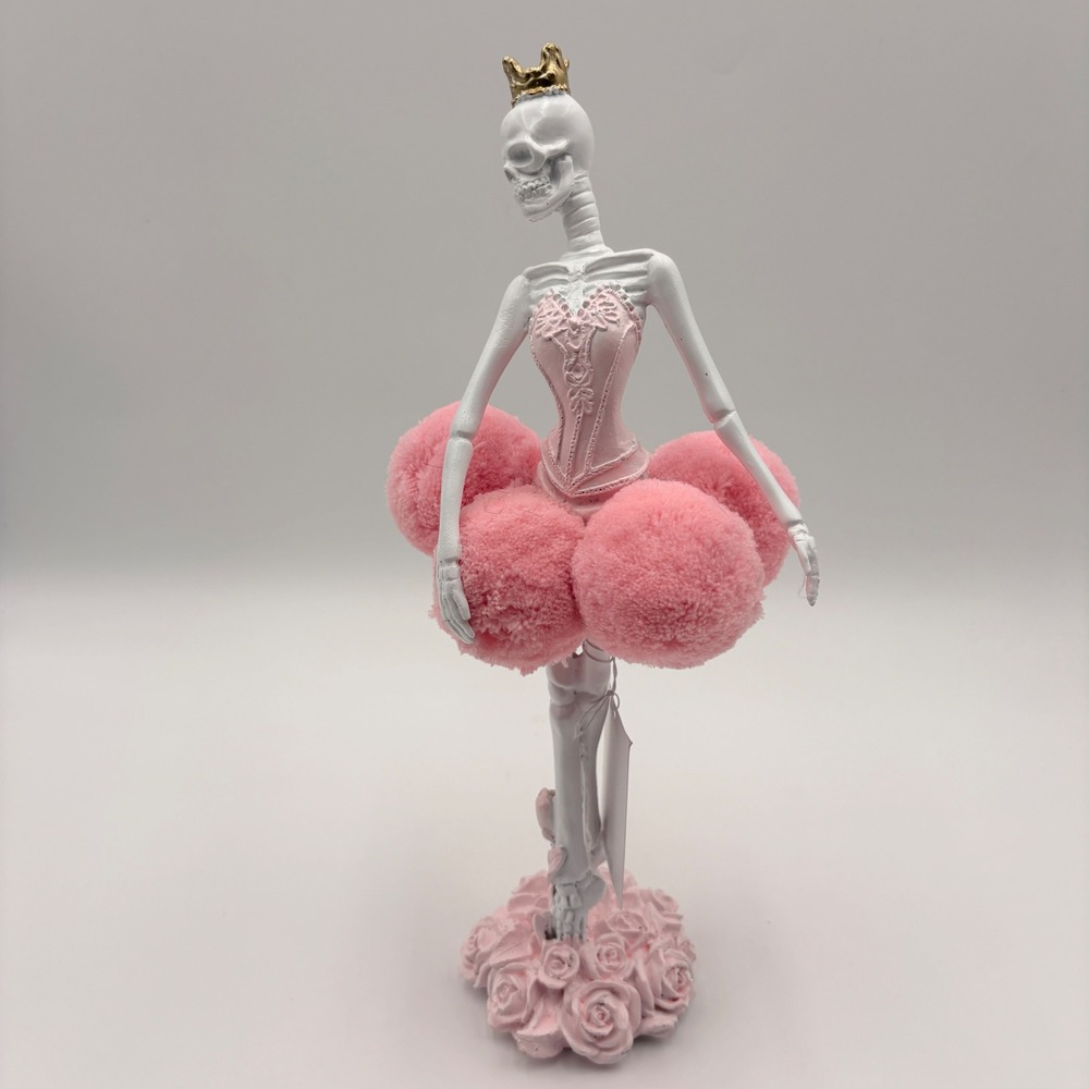 Mystic Blush Pink Skeleton Halloween Ballerina Figurine Pom Pom Tutu Gold Crown